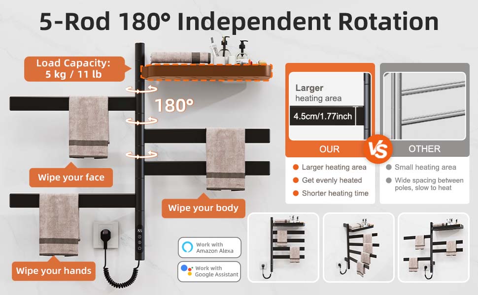 SIOYIE Smart Rotating Heated Towel Rack For Bathroom, Wall-Mounted Electric Towel Dryer With Swivel Bars & Shelf, Smart Timer, Low Carbon Steel, Plug-in/Hardwired, Towel Warmer With Wi-Fi App Control_voghion.com